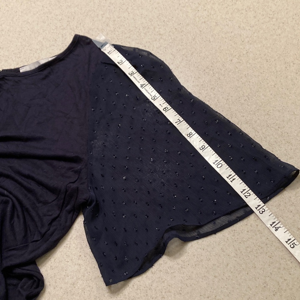 LOFT Dark Blue Blouse with Sheer Sparkly Dot Sleeve Women Size Small - Picture 8 of 11